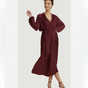 Modern Citizen V Front Tie Neck Ruffle Satin Midi Dress Merlot Large Elegant